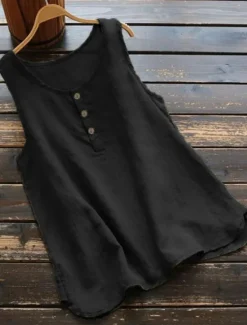 New Women's Shirt Linen-Inspired Shirts Blouse Solid Color Basic Casual Sleeveless Crew Neck Regular Tops Daily Buttons Black White Pink Blue Gray Summer Women Shirts