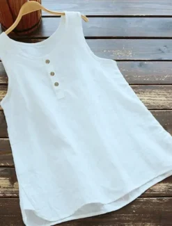 New Women's Shirt Linen-Inspired Shirts Blouse Solid Color Basic Casual Sleeveless Crew Neck Regular Tops Daily Buttons Black White Pink Blue Gray Summer Women Shirts