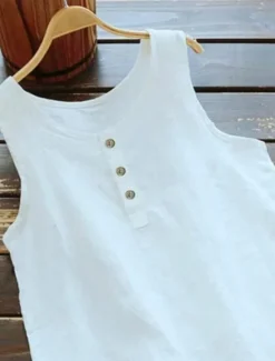 New Women's Shirt Linen-Inspired Shirts Blouse Solid Color Basic Casual Sleeveless Crew Neck Regular Tops Daily Buttons Black White Pink Blue Gray Summer Women Shirts