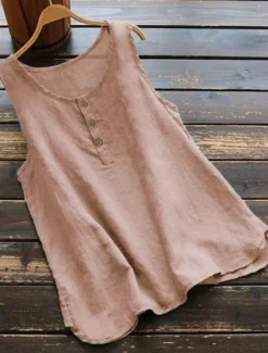 New Women's Shirt Linen-Inspired Shirts Blouse Solid Color Basic Casual Sleeveless Crew Neck Regular Tops Daily Buttons Black White Pink Blue Gray Summer Women Shirts