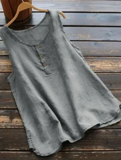 New Women's Shirt Linen-Inspired Shirts Blouse Solid Color Basic Casual Sleeveless Crew Neck Regular Tops Daily Buttons Black White Pink Blue Gray Summer Women Shirts