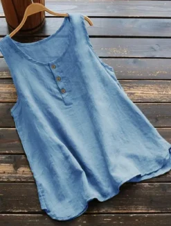 New Women's Shirt Linen-Inspired Shirts Blouse Solid Color Basic Casual Sleeveless Crew Neck Regular Tops Daily Buttons Black White Pink Blue Gray Summer Women Shirts