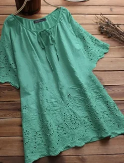 Discount Women's Shirt Linen-Inspired Shirts Blouse Plain Fashion Round Neck Street Daily Lace up Lace White Yellow Pink Green Summer Women Shirts