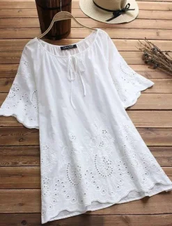 Discount Women's Shirt Linen-Inspired Shirts Blouse Plain Fashion Round Neck Street Daily Lace up Lace White Yellow Pink Green Summer Women Shirts