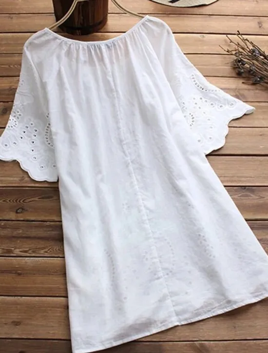 Discount Women's Shirt Linen-Inspired Shirts Blouse Plain Fashion Round Neck Street Daily Lace up Lace White Yellow Pink Green Summer Women Shirts