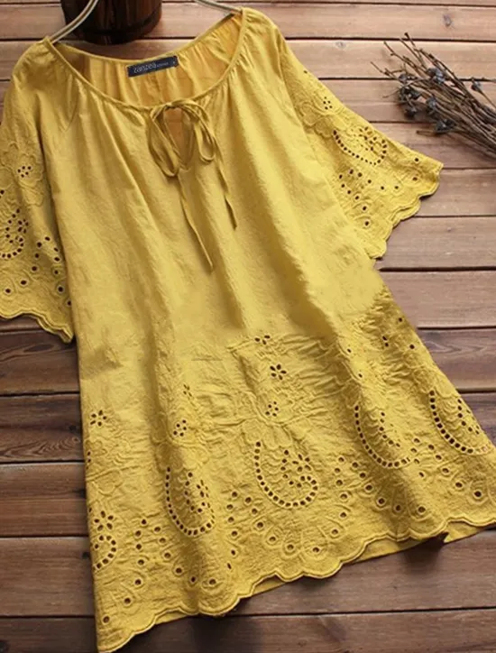 Discount Women's Shirt Linen-Inspired Shirts Blouse Plain Fashion Round Neck Street Daily Lace up Lace White Yellow Pink Green Summer Women Shirts