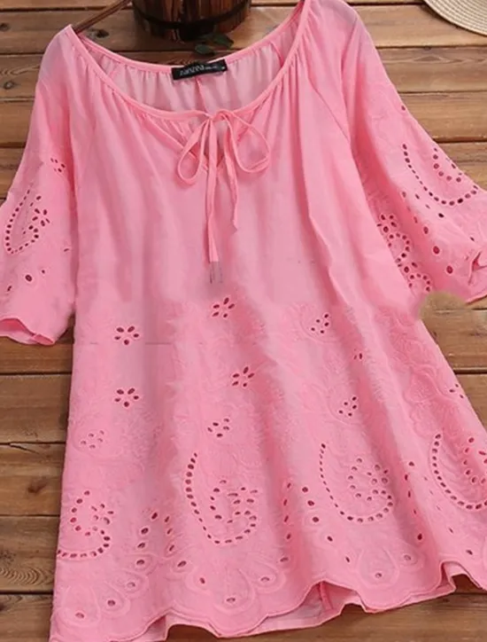 Discount Women's Shirt Linen-Inspired Shirts Blouse Plain Fashion Round Neck Street Daily Lace up Lace White Yellow Pink Green Summer Women Shirts
