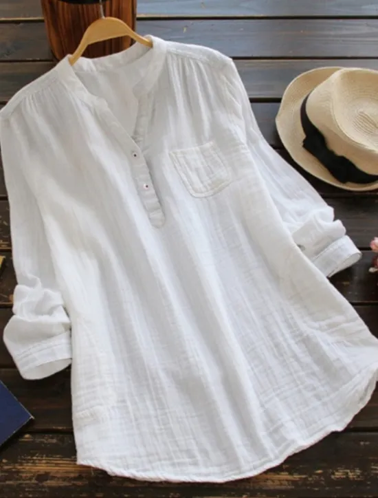 New Women's Shirt Linen-Inspired Shirts Blouse Plain Basic Casual Long Sleeve V Neck Regular Tops Daily Holiday Buttons Pocket White Pink Navy Blue Summer Women Shirts