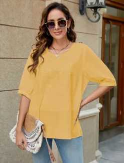 Women's Shirt Linen-Inspired Shirts Solid Color Floral Casual Boho 3/4 Length Sleeve Elbow Sleeve Crew Neck Regular Tops Vacation Party Daily Embroidered White Yellow Khaki Autumn / Fall Spring Women Shirts