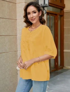Women's Shirt Linen-Inspired Shirts Solid Color Floral Casual Boho 3/4 Length Sleeve Elbow Sleeve Crew Neck Regular Tops Vacation Party Daily Embroidered White Yellow Khaki Autumn / Fall Spring Women Shirts