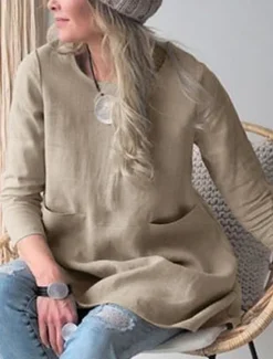 Online Women's Shirt Linen-Inspired Shirts Blouse Solid Color Stylish Casual 3/4 Length Sleeve Crew Neck Regular Tops Daily Pocket Black Khaki Summer Women Shirts