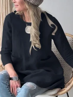 Online Women's Shirt Linen-Inspired Shirts Blouse Solid Color Stylish Casual 3/4 Length Sleeve Crew Neck Regular Tops Daily Pocket Black Khaki Summer Women Shirts