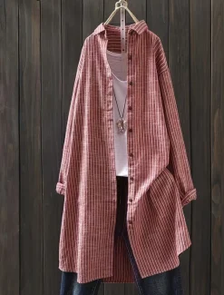 Women's Shirt Linen-Inspi Shirts Button Up Vertical Stripes Daily Shirt Collar Daily Stripe Spring, Fall, Winter, Summer Women Shirts
