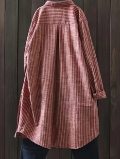 Women's Shirt Linen-Inspi Shirts Button Up Vertical Stripes Daily Shirt Collar Daily Stripe Spring, Fall, Winter, Summer Women Shirts