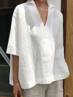 Best Women's Shirt Linen-Inspired Shirts Blouse Solid Color Basic Casual 3/4 Length Sleeve Notched Neck Regular Tops Daily White Pink Green Summer Spring Women Shirts