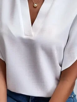 Sale Women's Shirt Linen-Inspired Shirts Blouse Solid Color Basic Casual Short Sleeve Notched Neck Regular Tops Daily White Pink Summer Women Shirts