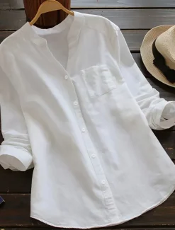Women's Shirt Linen-Inspired Shirts Solid Color Casual Long Sleeve V Neck Regular Tops Daily Pocket Spring & Fall Women Shirts