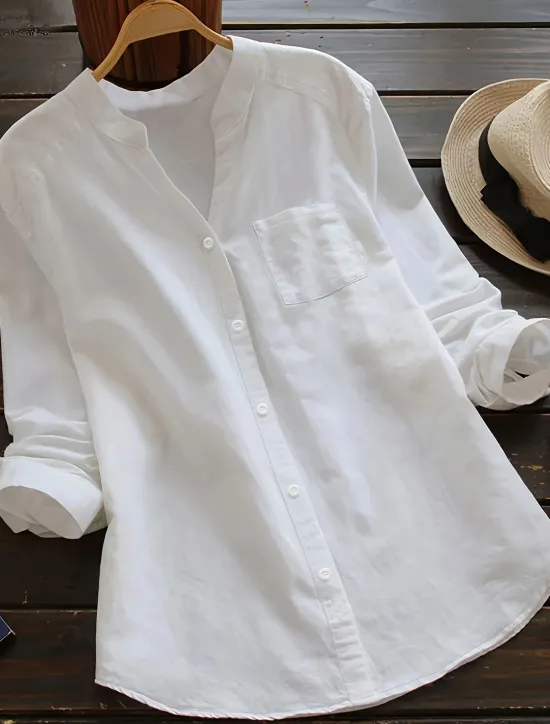 Women's Shirt Linen-Inspired Shirts Solid Color Casual Long Sleeve V Neck Regular Tops Daily Pocket Spring & Fall Women Shirts