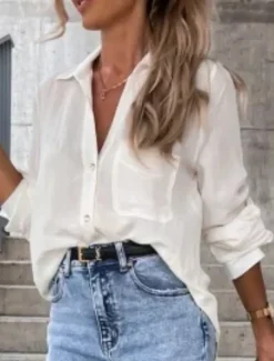 New Women's Shirt Linen-Inspired Shirts Button Up Blouse Solid Color Stylish Casual Long Sleeve Shirt Collar Regular Tops Daily Buttons Pocket Black White Brown Khaki Summer Spring Women Shirts