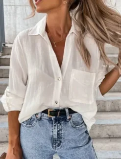 New Women's Shirt Linen-Inspired Shirts Button Up Blouse Solid Color Stylish Casual Long Sleeve Shirt Collar Regular Tops Daily Buttons Pocket Black White Brown Khaki Summer Spring Women Shirts
