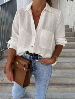 New Women's Shirt Linen-Inspired Shirts Button Up Blouse Solid Color Stylish Casual Long Sleeve Shirt Collar Regular Tops Daily Buttons Pocket Black White Brown Khaki Summer Spring Women Shirts