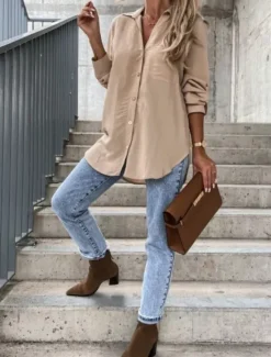 New Women's Shirt Linen-Inspired Shirts Button Up Blouse Solid Color Stylish Casual Long Sleeve Shirt Collar Regular Tops Daily Buttons Pocket Black White Brown Khaki Summer Spring Women Shirts