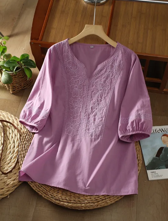 Discount Women's Shirt Linen-Inspired Shirts Solid Color Floral Casual Boho 3/4 Length Sleeve Elbow Sleeve V Neck Regular Tops Vacation Party Daily Embroidered Grass Green Purple Autumn / Fall Spring & Summer Women Shirts