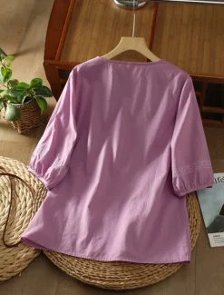 Discount Women's Shirt Linen-Inspired Shirts Solid Color Floral Casual Boho 3/4 Length Sleeve Elbow Sleeve V Neck Regular Tops Vacation Party Daily Embroidered Grass Green Purple Autumn / Fall Spring & Summer Women Shirts