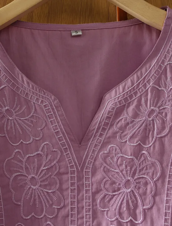Discount Women's Shirt Linen-Inspired Shirts Solid Color Floral Casual Boho 3/4 Length Sleeve Elbow Sleeve V Neck Regular Tops Vacation Party Daily Embroidered Grass Green Purple Autumn / Fall Spring & Summer Women Shirts