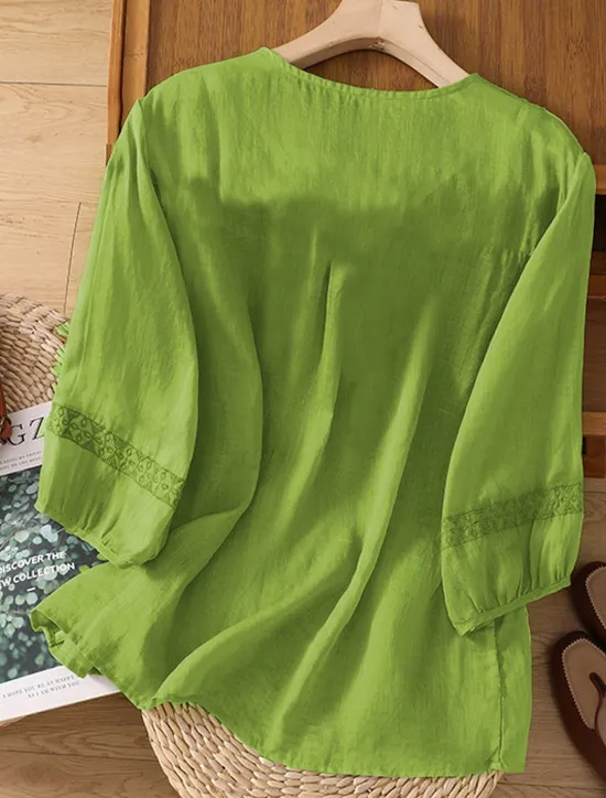 Discount Women's Shirt Linen-Inspired Shirts Solid Color Floral Casual Boho 3/4 Length Sleeve Elbow Sleeve V Neck Regular Tops Vacation Party Daily Embroidered Grass Green Purple Autumn / Fall Spring & Summer Women Shirts