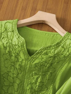 Discount Women's Shirt Linen-Inspired Shirts Solid Color Floral Casual Boho 3/4 Length Sleeve Elbow Sleeve V Neck Regular Tops Vacation Party Daily Embroidered Grass Green Purple Autumn / Fall Spring & Summer Women Shirts