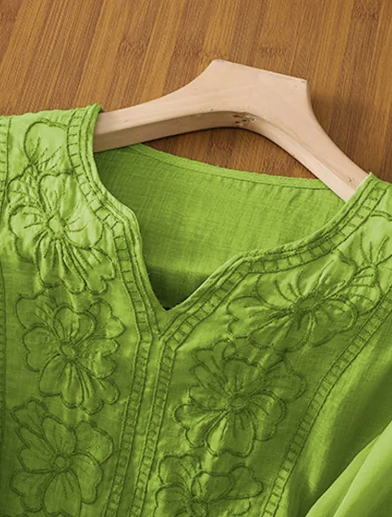 Discount Women's Shirt Linen-Inspired Shirts Solid Color Floral Casual Boho 3/4 Length Sleeve Elbow Sleeve V Neck Regular Tops Vacation Party Daily Embroidered Grass Green Purple Autumn / Fall Spring & Summer Women Shirts
