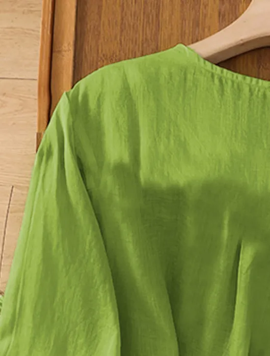 Discount Women's Shirt Linen-Inspired Shirts Solid Color Floral Casual Boho 3/4 Length Sleeve Elbow Sleeve V Neck Regular Tops Vacation Party Daily Embroidered Grass Green Purple Autumn / Fall Spring & Summer Women Shirts