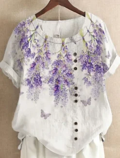 Outlet Women's Shirt Linen-Inspired Shirts Blouse Floral Casual Short Sleeve Crew Neck Regular Tops Vacation Daily Print Yellow Light Green Royal Blue Blue Purple Summer Women Spring Tops