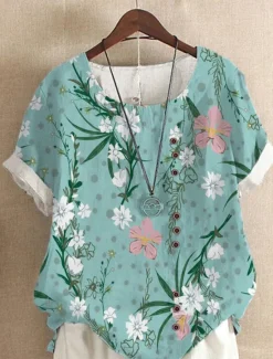 Outlet Women's Shirt Linen-Inspired Shirts Blouse Floral Casual Short Sleeve Crew Neck Regular Tops Vacation Daily Print Yellow Light Green Royal Blue Blue Purple Summer Women Spring Tops