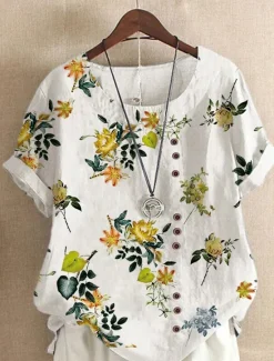 Outlet Women's Shirt Linen-Inspired Shirts Blouse Floral Casual Short Sleeve Crew Neck Regular Tops Vacation Daily Print Yellow Light Green Royal Blue Blue Purple Summer Women Spring Tops