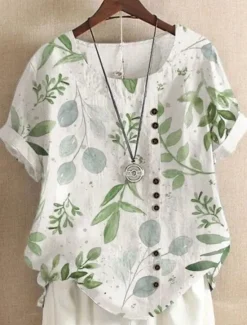 Outlet Women's Shirt Linen-Inspired Shirts Blouse Floral Casual Short Sleeve Crew Neck Regular Tops Vacation Daily Print Yellow Light Green Royal Blue Blue Purple Summer Women Spring Tops