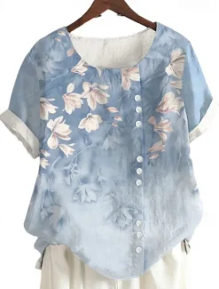 Outlet Women's Shirt Linen-Inspired Shirts Blouse Floral Casual Short Sleeve Crew Neck Regular Tops Vacation Daily Print Yellow Light Green Royal Blue Blue Purple Summer Women Spring Tops