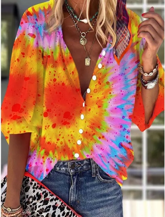 Sale Women's Shirt Long Sleeve Button Down Blouse Daily Basic Neon & Bright Buttons Print Regular Tops V Neck Casual Yellow Orange Fall & Winter Women Blouses & Shirts|Spring Tops