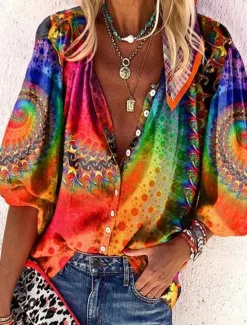 Sale Women's Shirt Long Sleeve Button Down Blouse Daily Basic Neon & Bright Buttons Print Regular Tops V Neck Casual Yellow Orange Fall & Winter Women Blouses & Shirts|Spring Tops