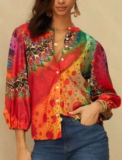 Sale Women's Shirt Long Sleeve Button Down Blouse Daily Basic Neon & Bright Buttons Print Regular Tops V Neck Casual Yellow Orange Fall & Winter Women Blouses & Shirts|Spring Tops