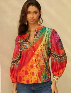 Sale Women's Shirt Long Sleeve Button Down Blouse Daily Basic Neon & Bright Buttons Print Regular Tops V Neck Casual Yellow Orange Fall & Winter Women Blouses & Shirts|Spring Tops