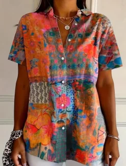 Best Women's Shirt Long Sleeve Button Down Blouse Floral Graphic Vintage Tropical Daily Short Sleeve Shirt Collar Regular Tops Daily Blue Orange Summer Spring Women Blouses & Shirts