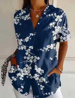 Best Women's Shirt Long Sleeve Button Down Blouse Floral Graphic Vintage Tropical Daily Short Sleeve Shirt Collar Regular Tops Daily Blue Orange Summer Spring Women Blouses & Shirts