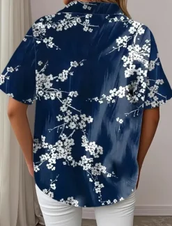 Best Women's Shirt Long Sleeve Button Down Blouse Floral Graphic Vintage Tropical Daily Short Sleeve Shirt Collar Regular Tops Daily Blue Orange Summer Spring Women Blouses & Shirts