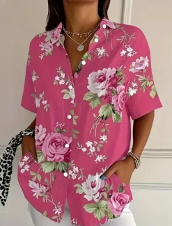 New Women's Shirt Long Sleeve Button Down Blouse Floral Graphic Vintage Tropical Daily Short Sleeve Shirt Collar Regular Tops Daily Black Pink Royal Blue Blue Purple Summer Spring Women Blouses & Shirts