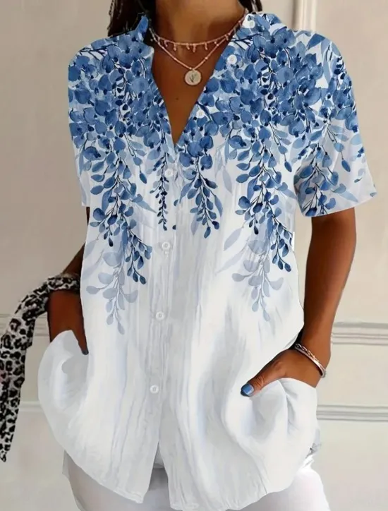 New Women's Shirt Long Sleeve Button Down Blouse Floral Graphic Vintage Tropical Daily Short Sleeve Shirt Collar Regular Tops Daily Black Pink Royal Blue Blue Purple Summer Spring Women Blouses & Shirts