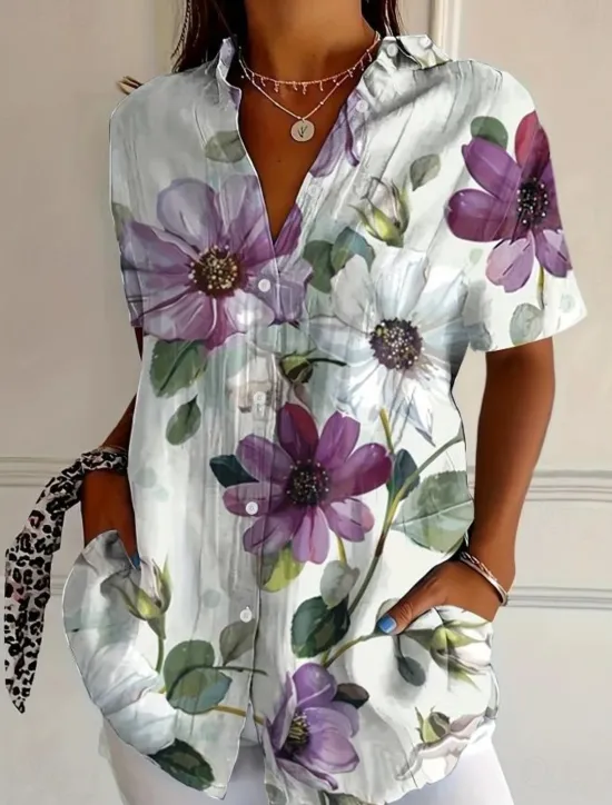 New Women's Shirt Long Sleeve Button Down Blouse Floral Graphic Vintage Tropical Daily Short Sleeve Shirt Collar Regular Tops Daily Black Pink Royal Blue Blue Purple Summer Spring Women Blouses & Shirts