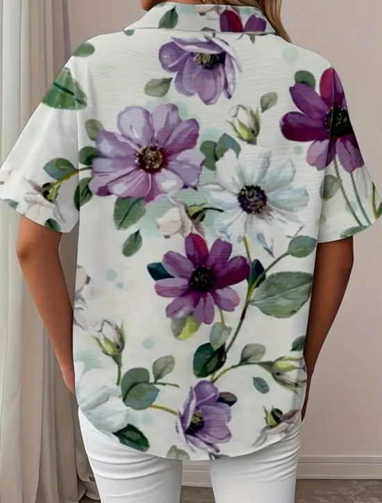 New Women's Shirt Long Sleeve Button Down Blouse Floral Graphic Vintage Tropical Daily Short Sleeve Shirt Collar Regular Tops Daily Black Pink Royal Blue Blue Purple Summer Spring Women Blouses & Shirts