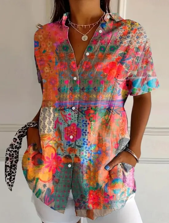 New Women's Shirt Long Sleeve Button Down Blouse Floral Graphic Vintage Tropical Daily Short Sleeve Shirt Collar Regular Tops Daily Black Pink Royal Blue Blue Purple Summer Spring Women Blouses & Shirts